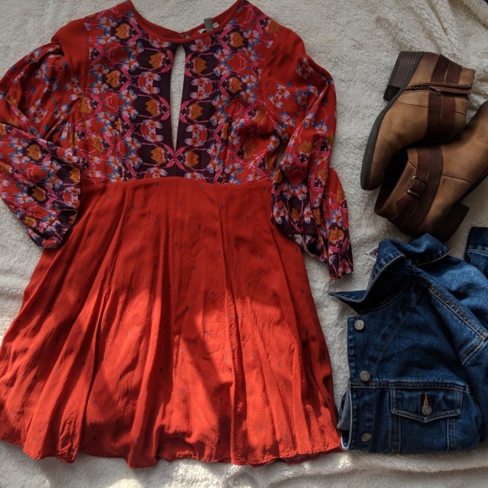 Ecote Red-Orange Mixed Pattern Dress